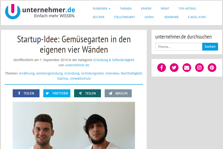 Startup Interview mit GreenYou Zimmergewächshaus auf unternehmer.de